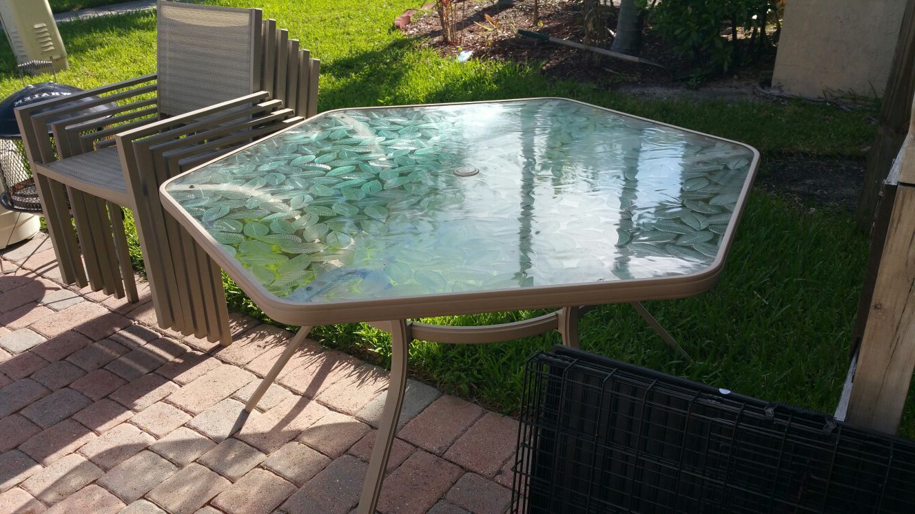 Most Recently Released Octagon Glass Top Outdoor Tables In Metal Octagon Glass Top With Etched On Leaf Pattern Patio Table And 6 Metal  Chairs For Sale In Homestead, Fl – Offerup (View 6 of 15)