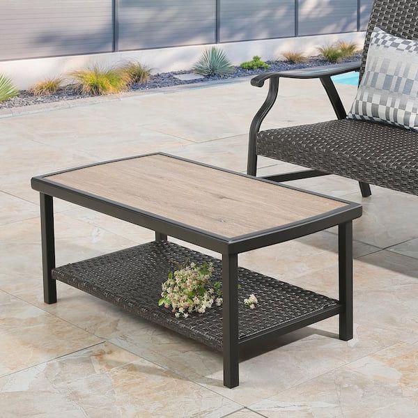 Most Recently Released Ulax Furniture Rectangle Metal Wicker Outdoor Coffee Table With 2 Tier Storage  Shelf Hd 970282 – The Home Depot With Outdoor Tables With Shelf (View 7 of 15)