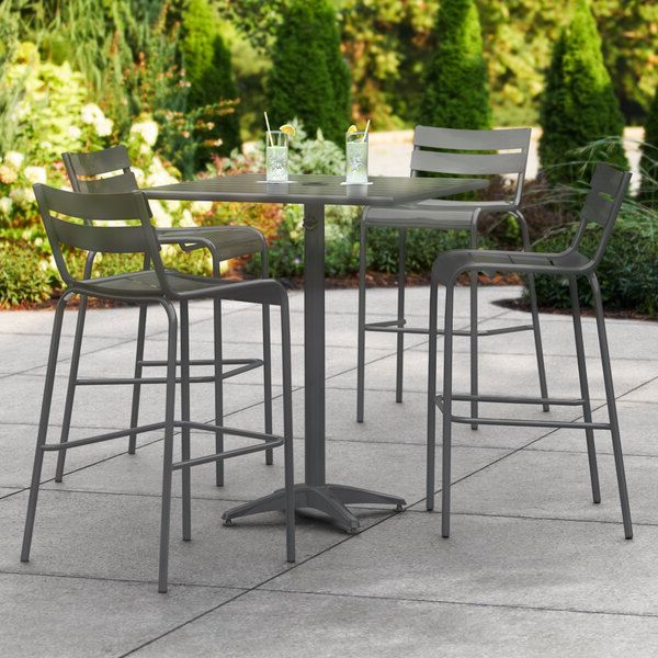 Most Up To Date Lancaster Table & Seating 32" X 32" Matte Gray Powder Coated Aluminum Bar  Height Outdoor Table With Umbrella Hole And 4 Barstools Within Matte Outdoor Tables (View 7 of 15)