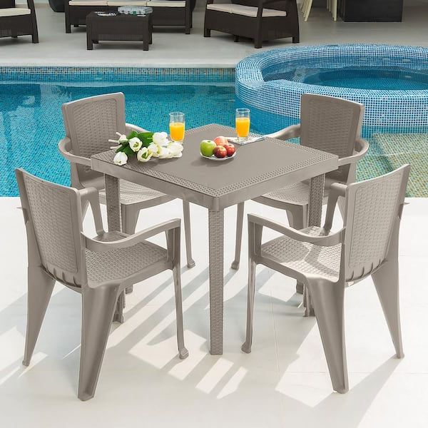Mq Infinity 5 Piece Plastic Resin Outdoor Dinning Set In Taupe Set Mq450 –  The Home Depot Pertaining To Best And Newest Resin Outdoor Tables (View 13 of 15)