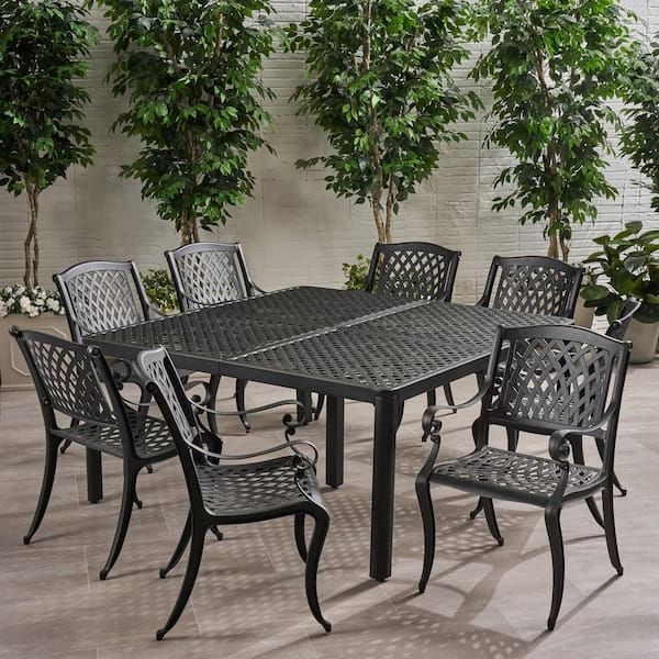 Newest Noble House Aviary Matte Black 9 Piece Metal Square Table Outdoor Dining Set  68249 – The Home Depot Intended For Matte Outdoor Tables (View 12 of 15)