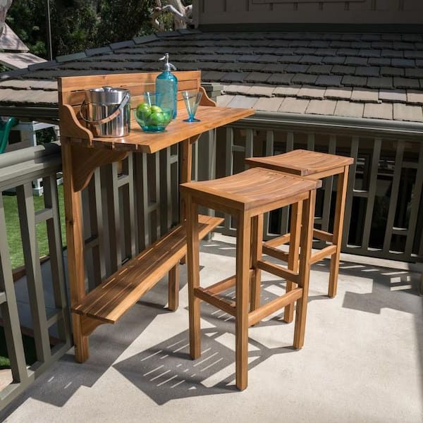 Noble House Adelaide Natural Stained 3 Piece Wood Rectangular Outdoor  Serving Bar Set 41537 – The Home Depot With Most Current Natural Stained Wood Outdoor Tables (View 14 of 15)