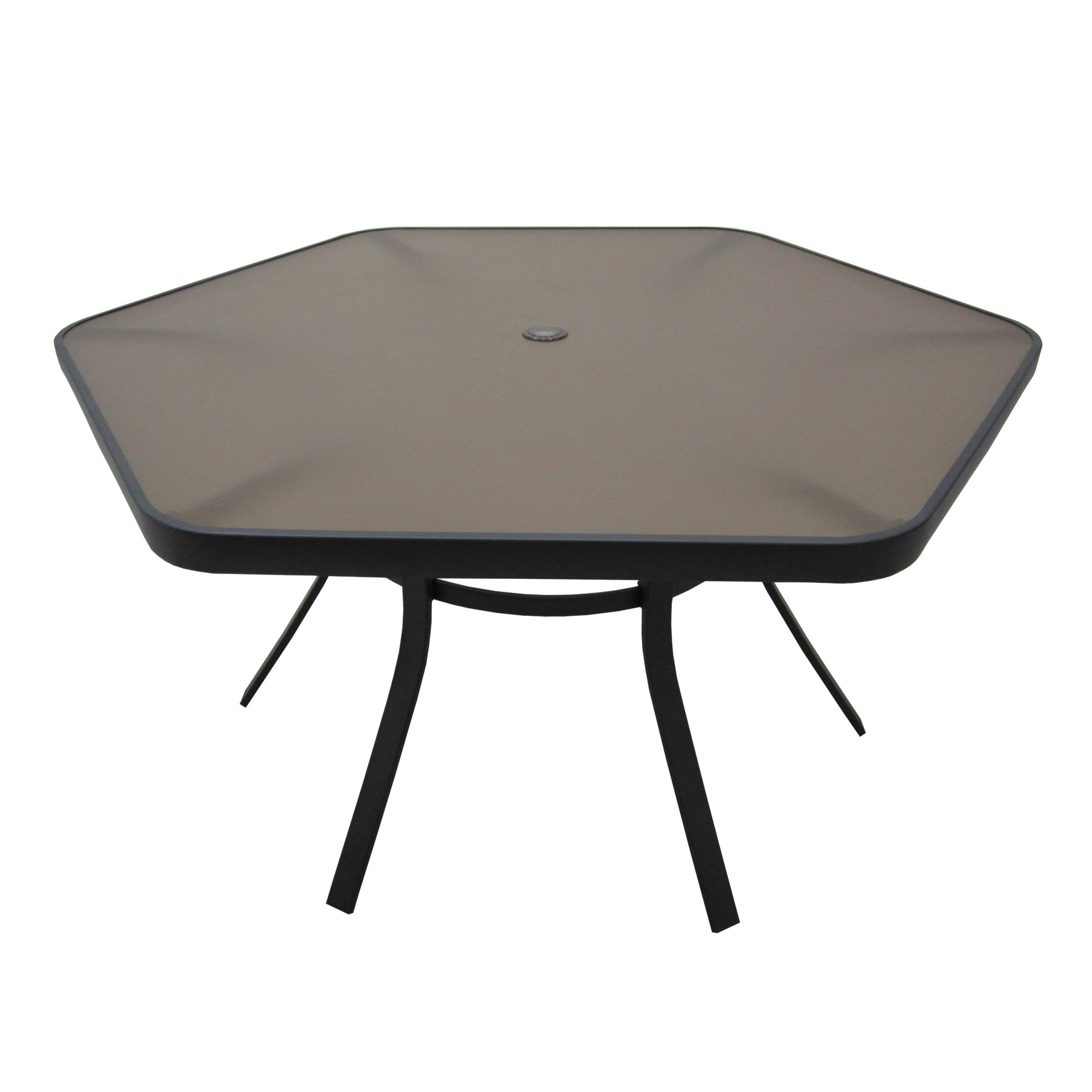 Octagon Glass Top Outdoor Tables For Trendy Garden Treasures Hayden Island Hexagon Outdoor Dining Table 56 In W X 50 In  L Umbrella Hole At Lowes (View 4 of 15)