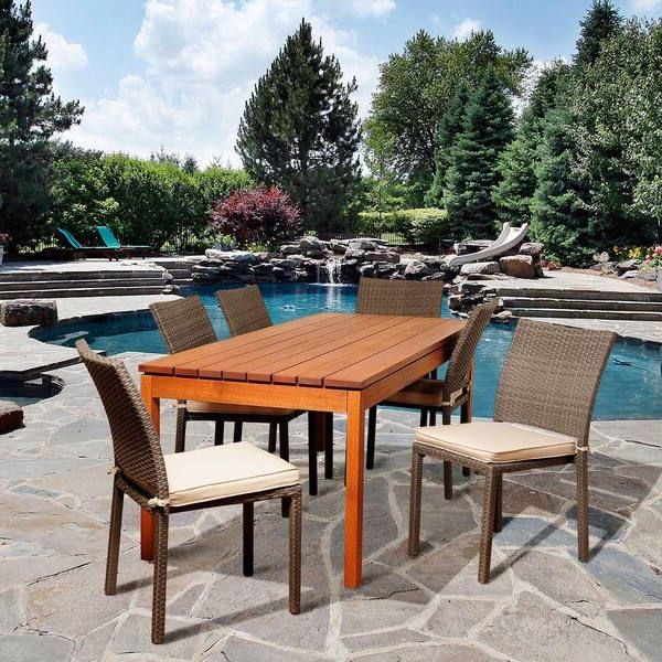 Off White Wood Outdoor Tables Regarding Most Up To Date Amazonia Mitchell 7 Piece Eucalyptus Rectangular Patio Dining Set With Off  White Cushions Sc Ata 6liber Grow – The Home Depot (View 5 of 15)