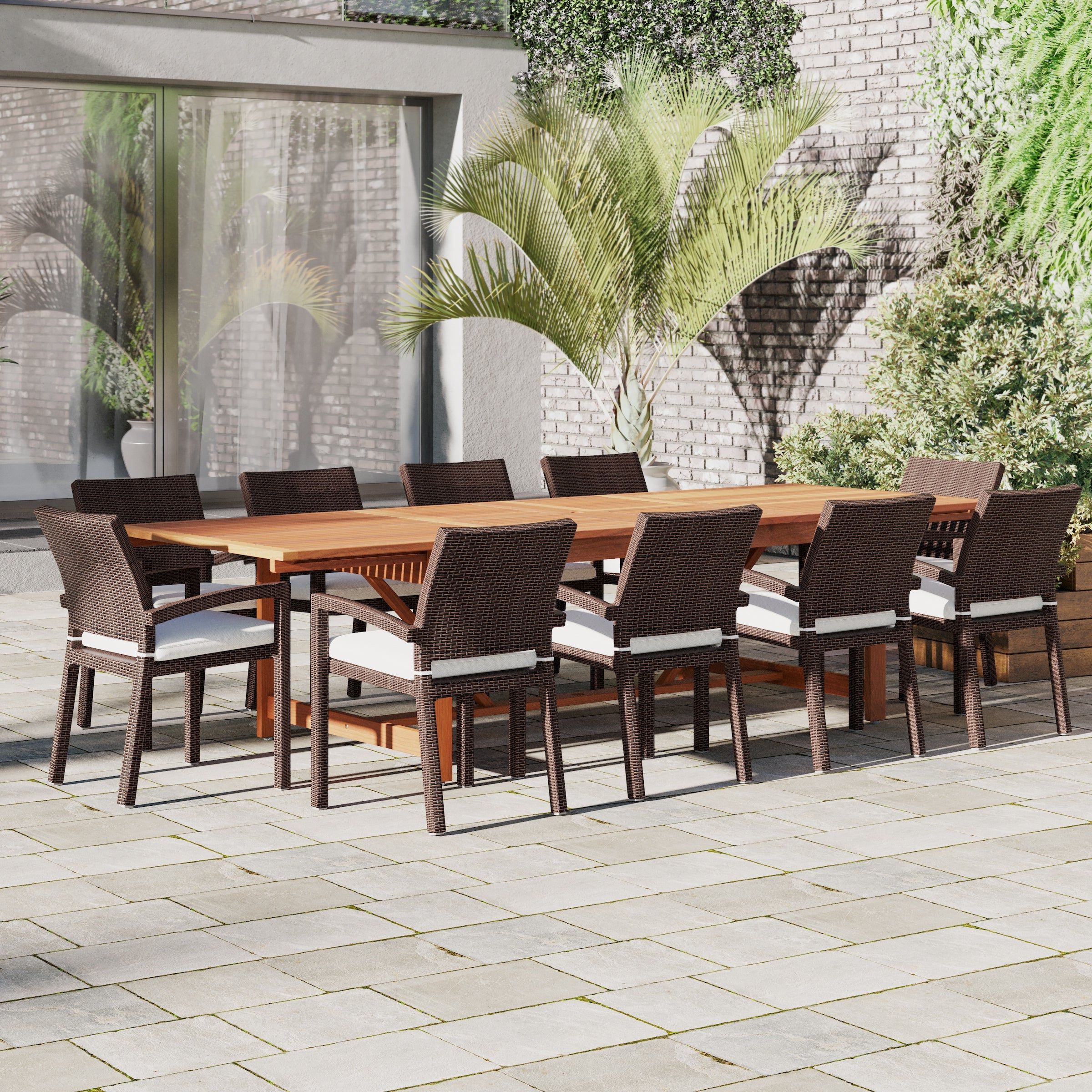 Off White Wood Outdoor Tables Within Favorite Amazonia Audrey 11pc Fsc Wood Outdoor Patio Dining Extendable Set – On Sale  – Overstock –  (View 7 of 15)