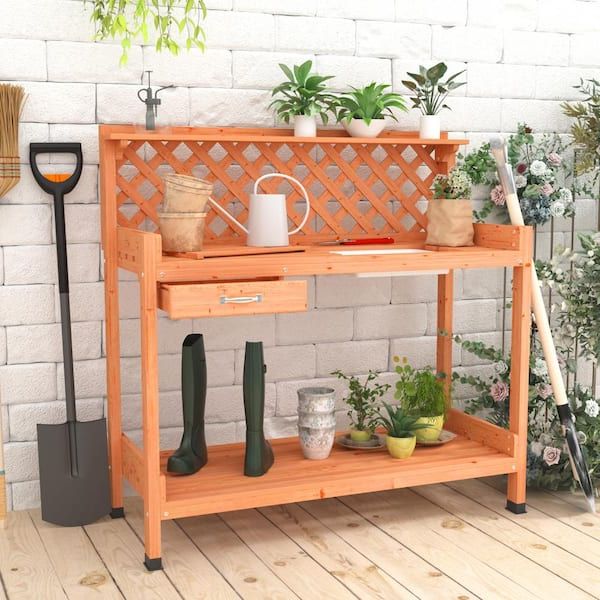Open Shelf Outdoor Tables In Recent Fufu&gaga Outdoor Garden Potting Bench, Wooden Workstation Table With Pvc  Layer, Sink, Drawer, Open Shelf And Lower Storage Wfkf170184 – The Home  Depot (View 4 of 15)