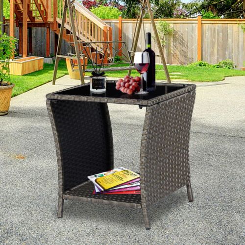 Outdoor Wicker Rattan Table Patio Side Coffee Table W/ Storage Shelf & Glass  Top  (View 2 of 15)