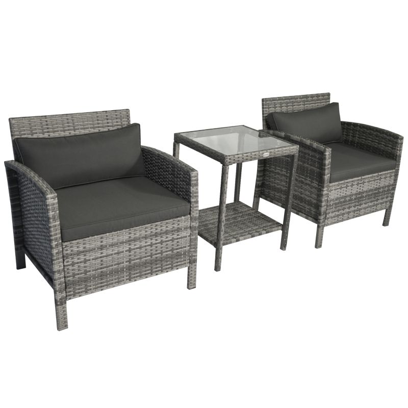 Outsunny 3 Pcs Rattan Wicker Bistro Set With Soft Cushions, Outdoor  Conversation Coffee Sets With Glass Table Top And Open Storage Shelf For  Patio, Backyard, Garden, Grey (View 13 of 15)