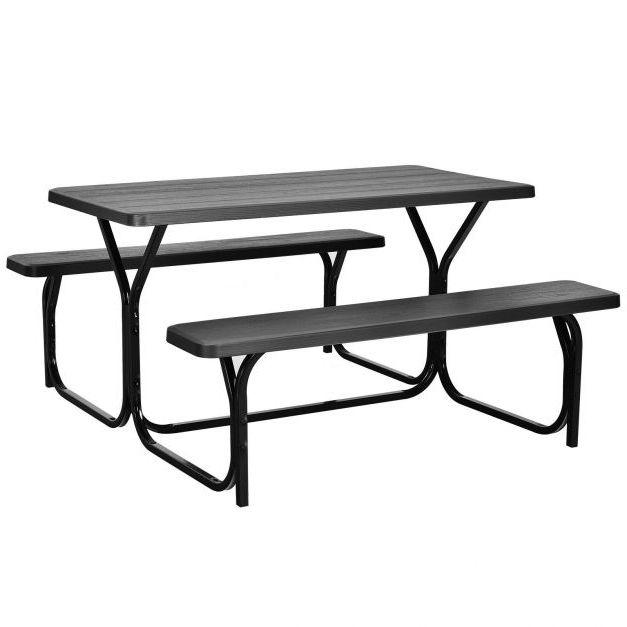 Picnic Table Bench Set With Metal Base Wood For Outdoor – Costway With Regard To Most Recent Metal Base Outdoor Tables (View 15 of 15)