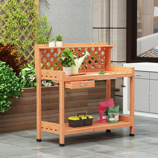 Popular Open Shelf Outdoor Tables Within Fufu&gaga Outdoor Garden Potting Bench, Wooden Workstation Table With Pvc  Layer, Sink, Drawer, Open Shelf And Lower Storage Wfkf170184 – The Home  Depot (View 12 of 15)