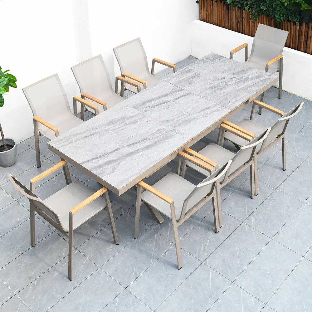 Preferred Faux Marble Top Outdoor Tables Intended For 9 Pieces Modern Gray Outdoor Dining Set With Extendable Faux Marble Top  Table And Chair Homary (View 1 of 15)