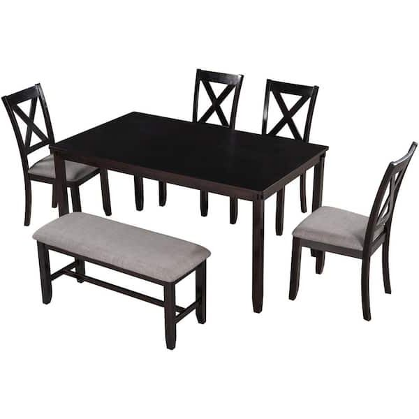 Preferred Urtr 6 Piece Wood Top Espresso Dining Table Set With Bench, Kitchen Table  Set With 4 Padded Chairs And Bench For Dining Room T 01154 P – The Home  Depot With Oak Espresso Outdoor Tables (View 2 of 15)