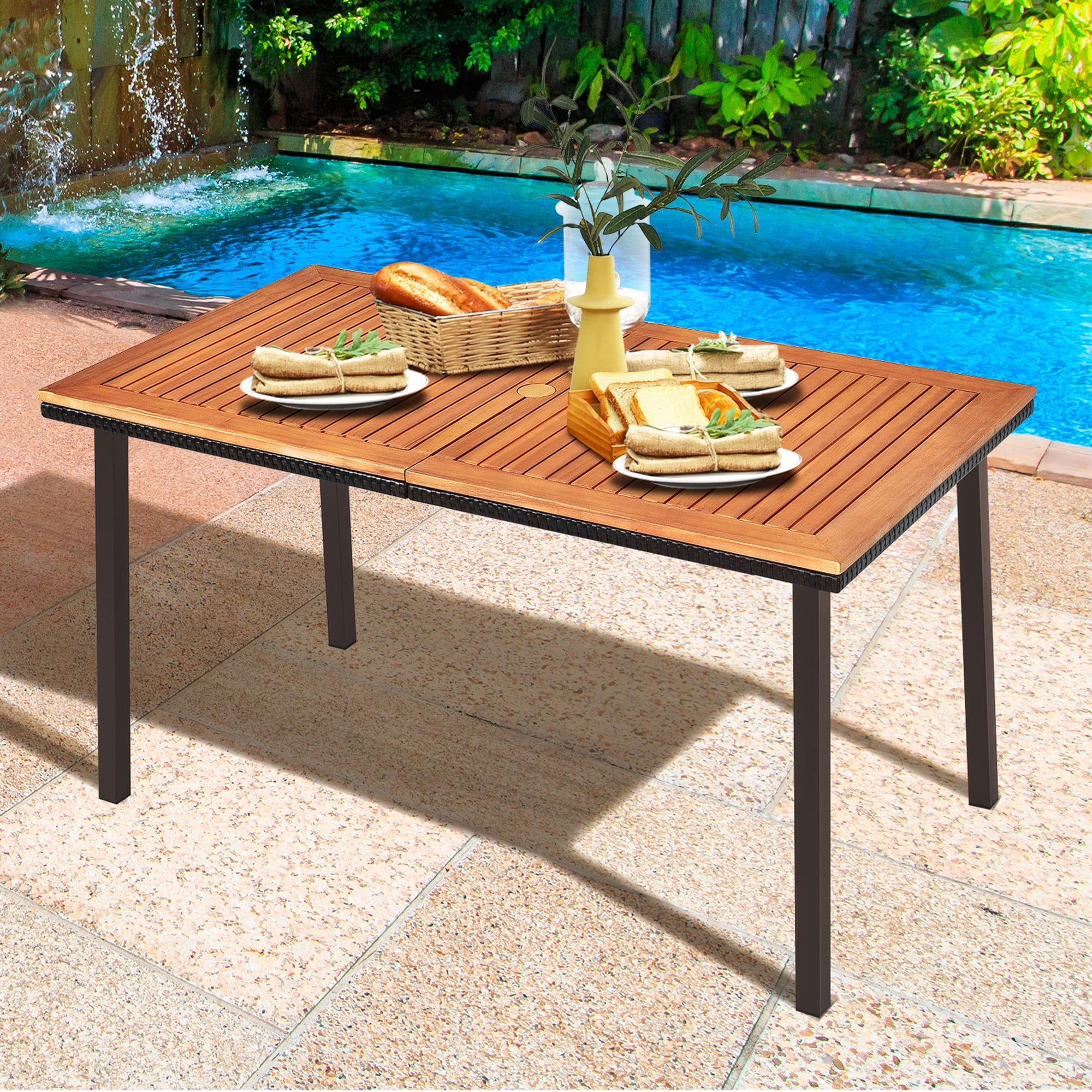 Rectangle Outdoor Tables With Current Gymax Rectangle Patio Outdoor Dining Table Acacia Wood Tabletop W/ 2''  Umbrella Hole – Walmart (View 11 of 15)