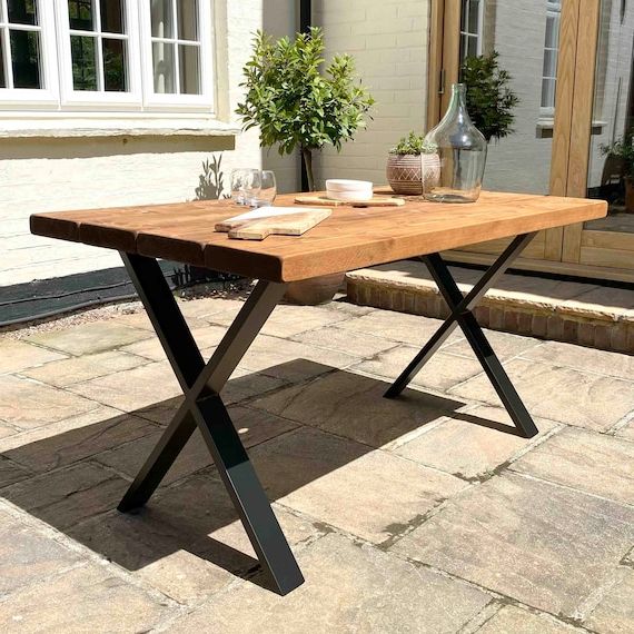 Rustic Oak And Black Outdoor Tables With Regard To Most Popular Garden Table Handcrafted Using Rustic Solid Wood X Frame – Etsy (View 1 of 15)