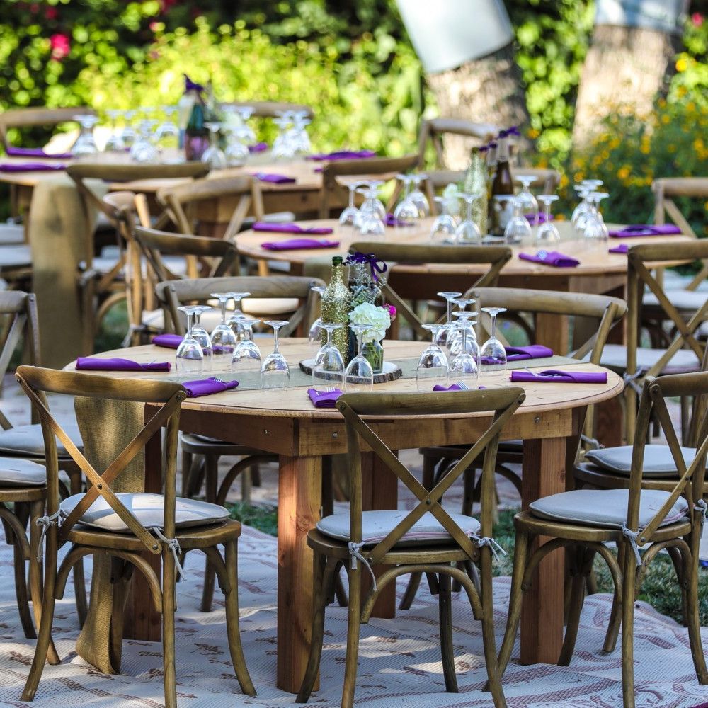 Rustic Round Outdoor Tables Intended For Best And Newest Rustic Wood Round Dining Table 60" – A1 Party Rental (View 13 of 15)