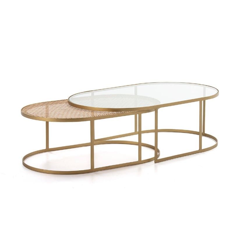 Set 2 Coffee Table 130x80x44 Glass Rattan Metal Golden Intended For Most Recent White Faux Marble Outdoor Tables (View 12 of 15)