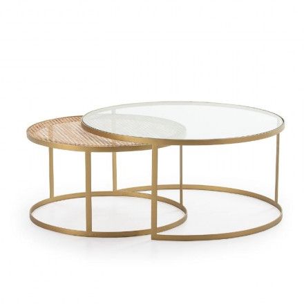 Set 2 Coffee Table 92x92x44 Glass Rattan Metal Golden Pertaining To Famous Faux Marble Gold Outdoor Tables (View 4 of 15)