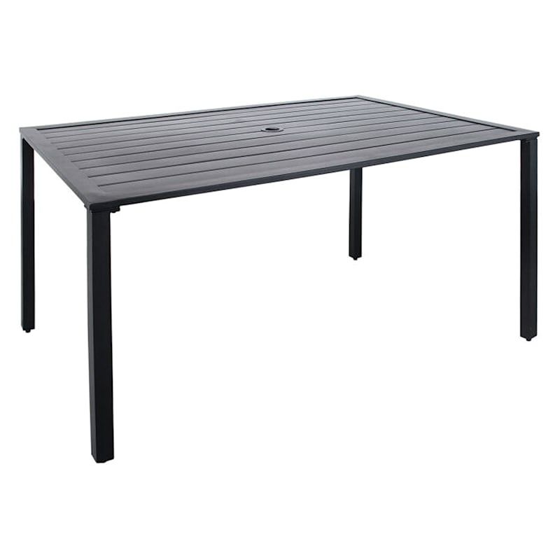 Slat Outdoor Tables Throughout Well Liked Grammercy Black Steel Slat Outdoor Dining Table, 60x (View 12 of 15)
