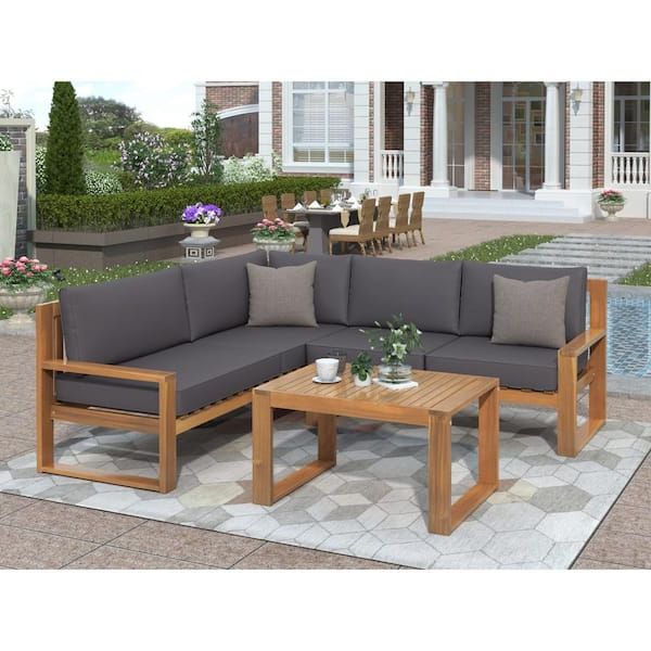 Solid Acacia Wood Outdoor Tables Intended For Preferred Harper & Bright Designs Solid Acacia Wood Outdoor Sectional With Gray  Cushions And Table Wy000121eaa – The Home Depot (View 10 of 15)