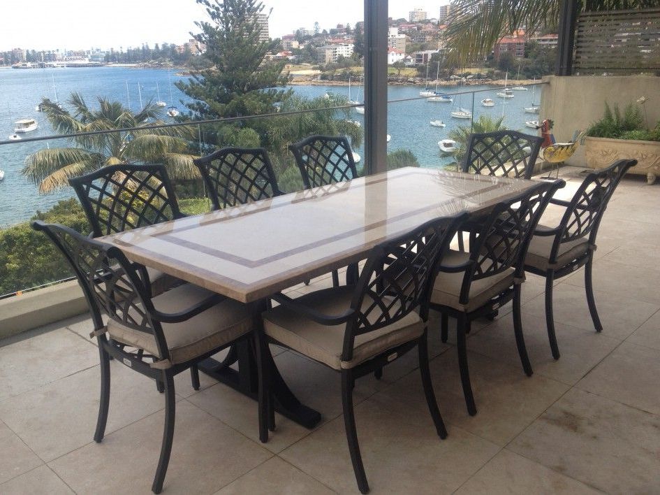 Stylish Outdoor Stone Patio Tables With Faux Marble Top On Polished Mirror  Finish And A S… (View 3 of 15)