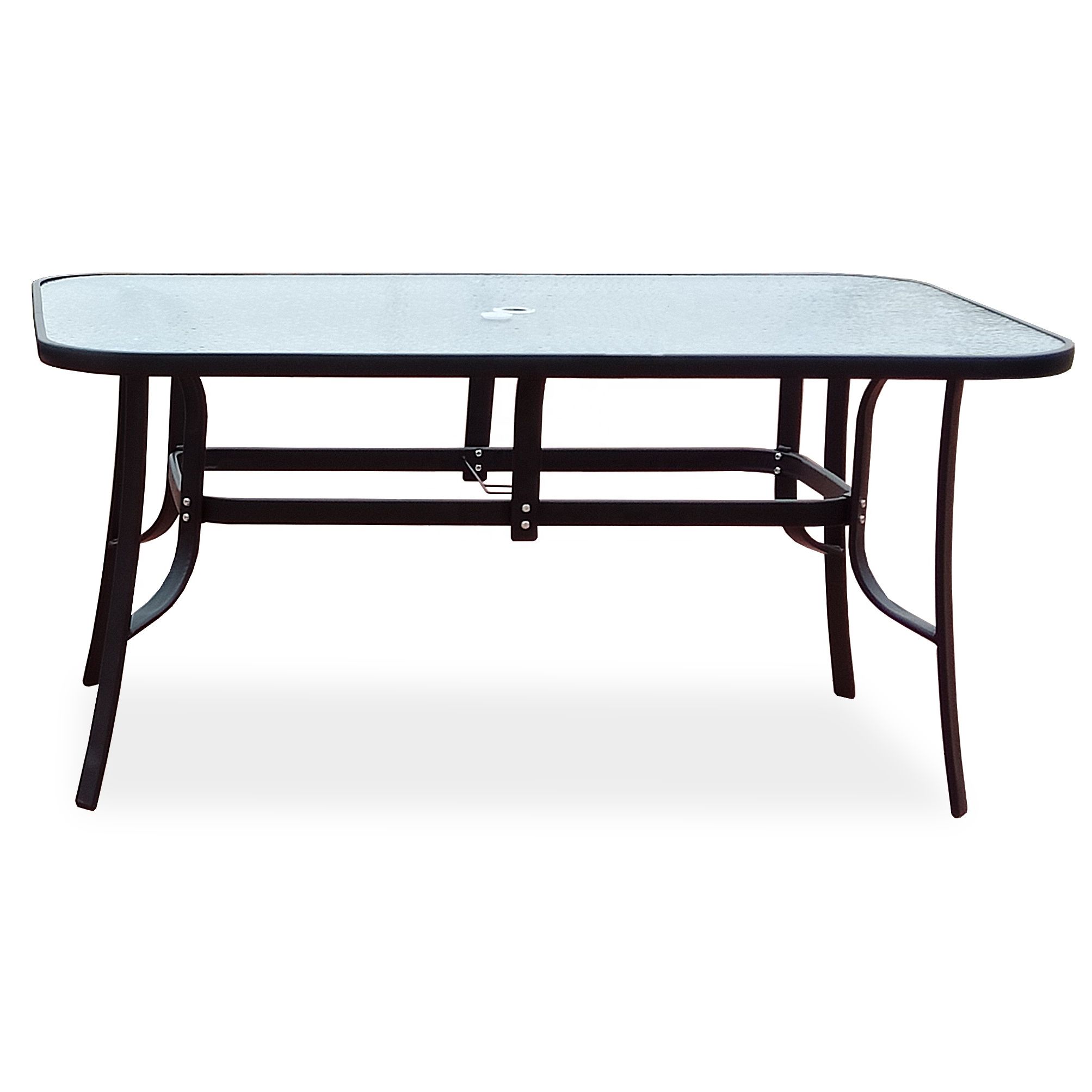 Tempered Glass Top Outdoor Tables With Recent Rectangular Modern Outdoor Iron Metal Tempered Glass Patio Dining Garden  Table With Umbrella Hole Glass Top – Buy Garden Table Product On Alibaba (View 3 of 15)