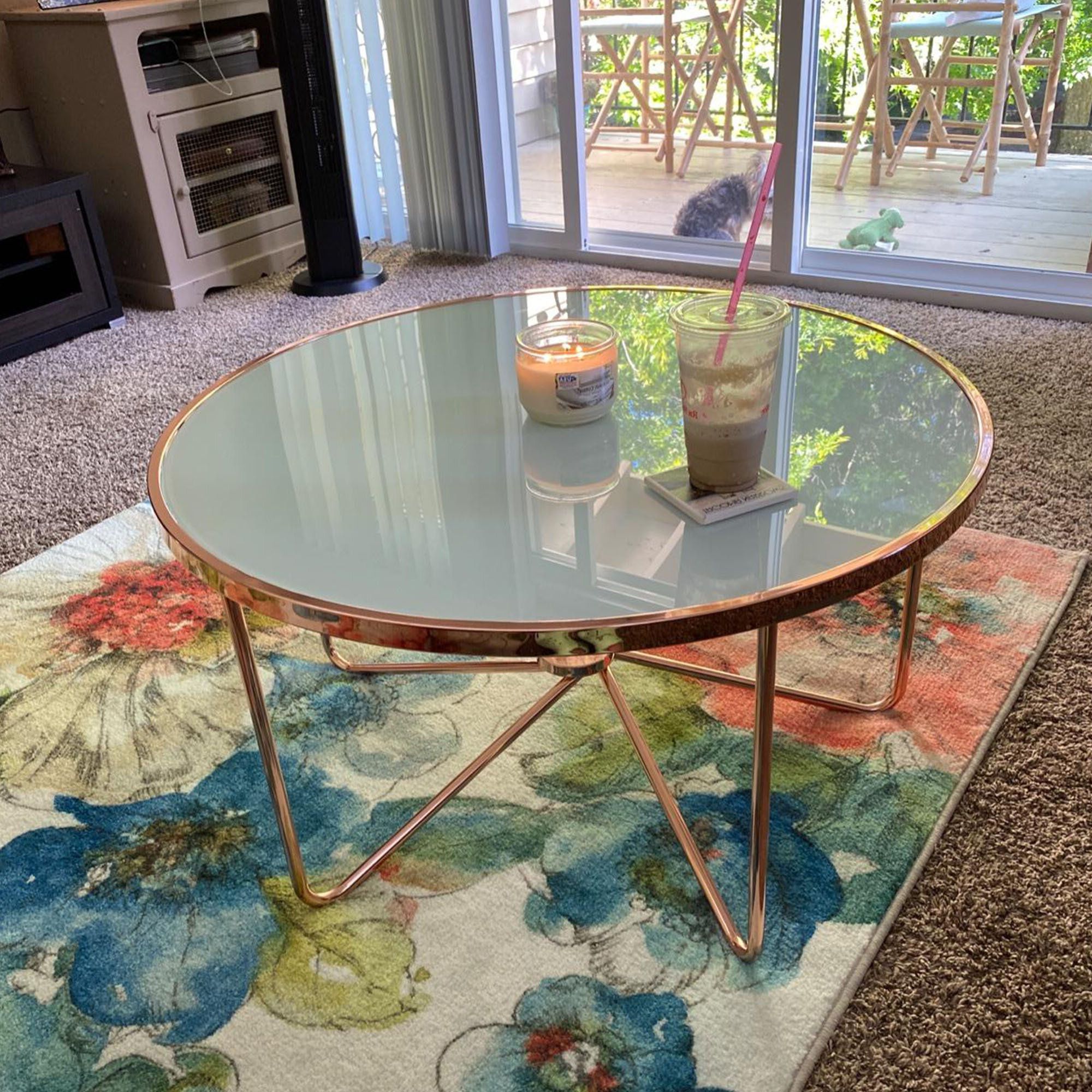 Trendy Everly Quinn Retro Rose Gold Finish Frame Base Coffee Table,round White  Frosted Glass Table Top (View 6 of 15)