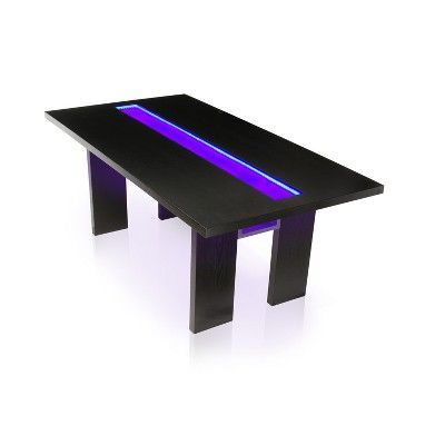 Trendy Glass Open Shelf Outdoor Tables Pertaining To Iohomes 7pc Glass Insert Open Shelf With Led Lights Dining Table Set  Wood/black (View 9 of 15)
