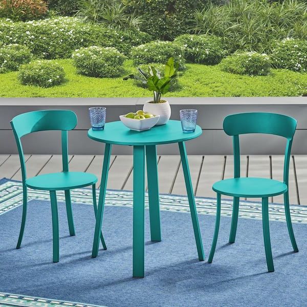 Trendy Matte Outdoor Tables Within Noble House Teagan Matte Teal 3 Piece Metal Outdoor Bistro Set 42397 – The  Home Depot (View 4 of 15)