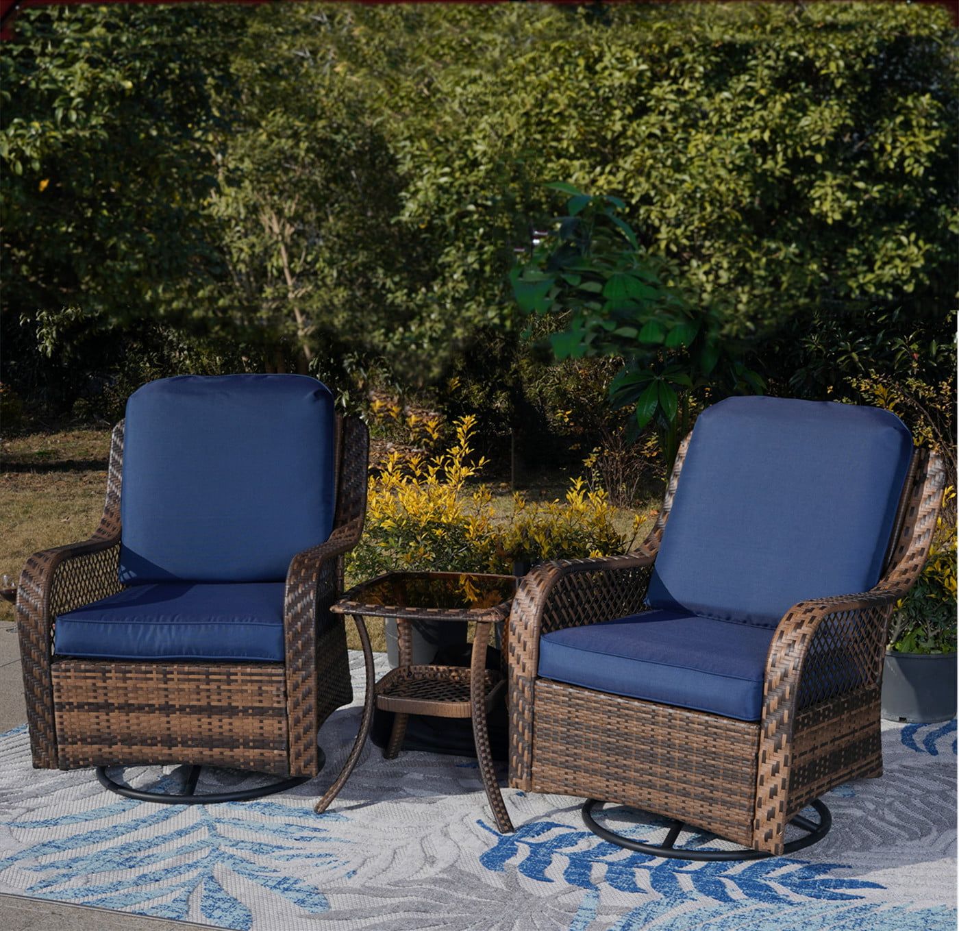 Well Known Mf Studio Rattan Swivel Rocking Chairs 3 Pc Patio Conversation Set, Outdoor  Bistro Set Lawn Garden With 2 Cushioned Chairs & 1 Side Table – Walmart Inside Swivel Outdoor Tables (View 7 of 15)