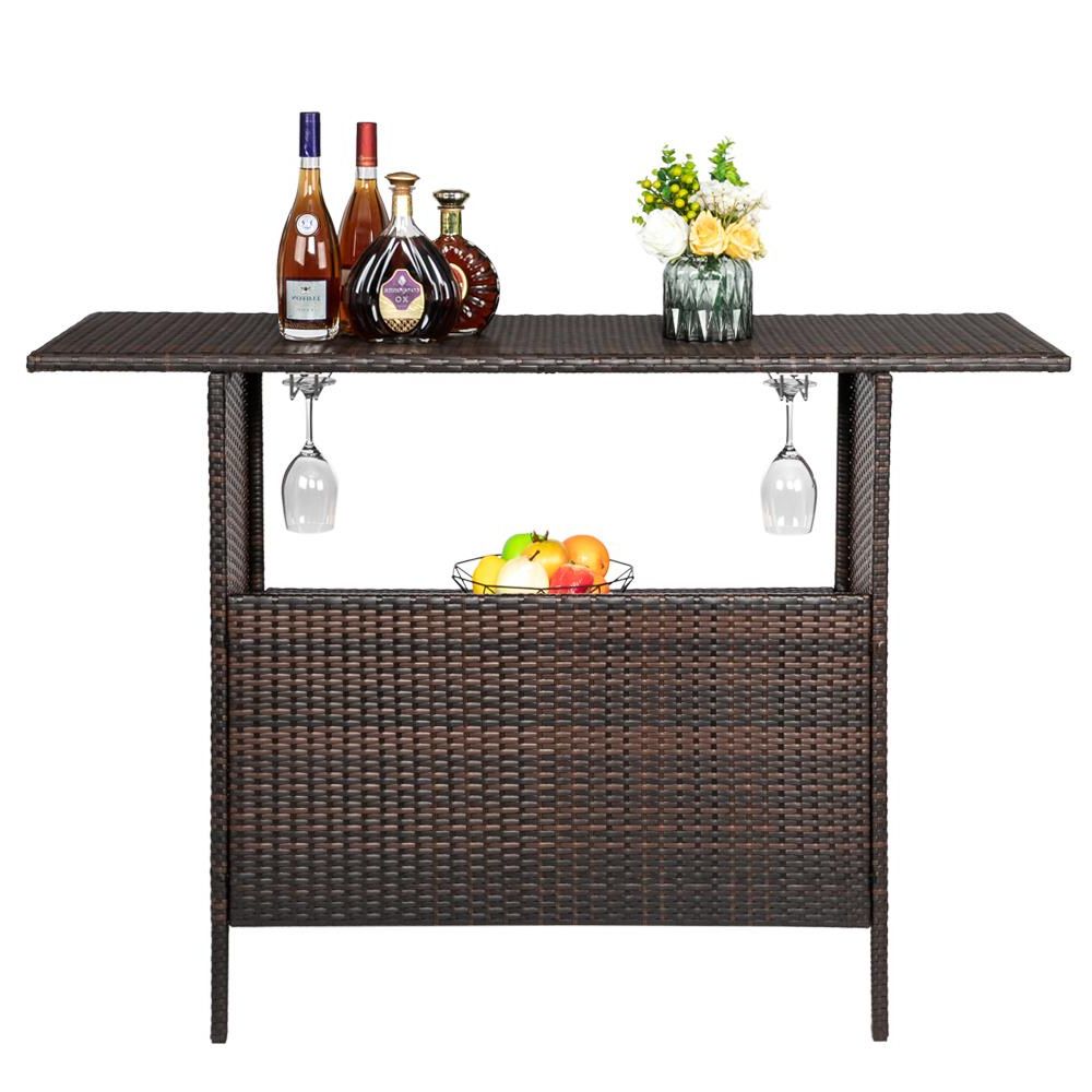 Well Known Ubesgoo Outdoor Patio Rattan Wicker Bar Counter Table With 2 Storage Shelves  – Walmart With Regard To Glass Outdoor Tables With Storage Shelf (View 15 of 15)