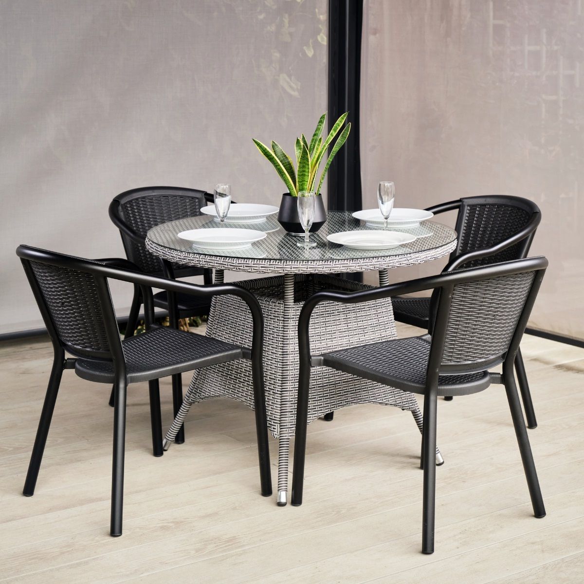 Widely Used Grey And Black Rattan Dining Table & Chairs Set – Woodberry Inside Rattan Outdoor Tables (View 7 of 15)