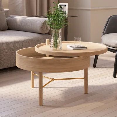 Wood Rotating Tray Outdoor Tables For Widely Used Modern Round Wood Rotating Tray Coffee Table With Storage & Metal Legs In  Natural Homary (View 11 of 15)