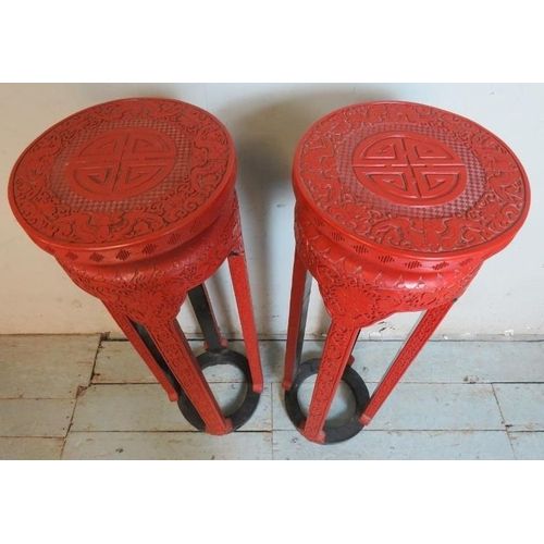 2020 Red Plant Stands Pertaining To A Pair Of Early 20th Century Chinese Red Lacquer Plant Stands, Ornately  Carved With Geometric Patter (View 11 of 15)
