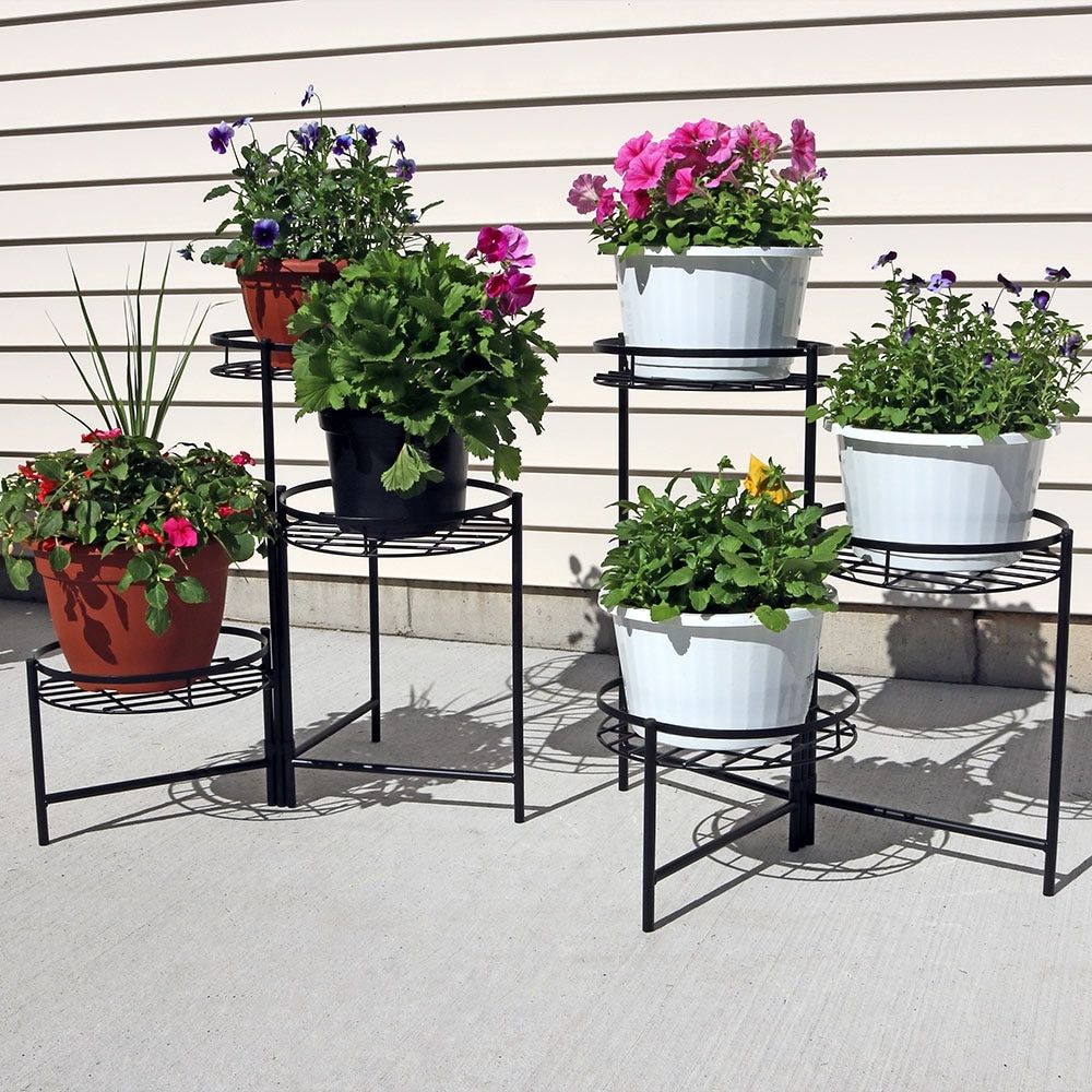 Black Three Tiered Indoor Outdoor Flower Plant Stand 22" – Set Of Two –  Overstock – 15391141 With Regard To Latest Outdoor Plant Stands (View 10 of 15)