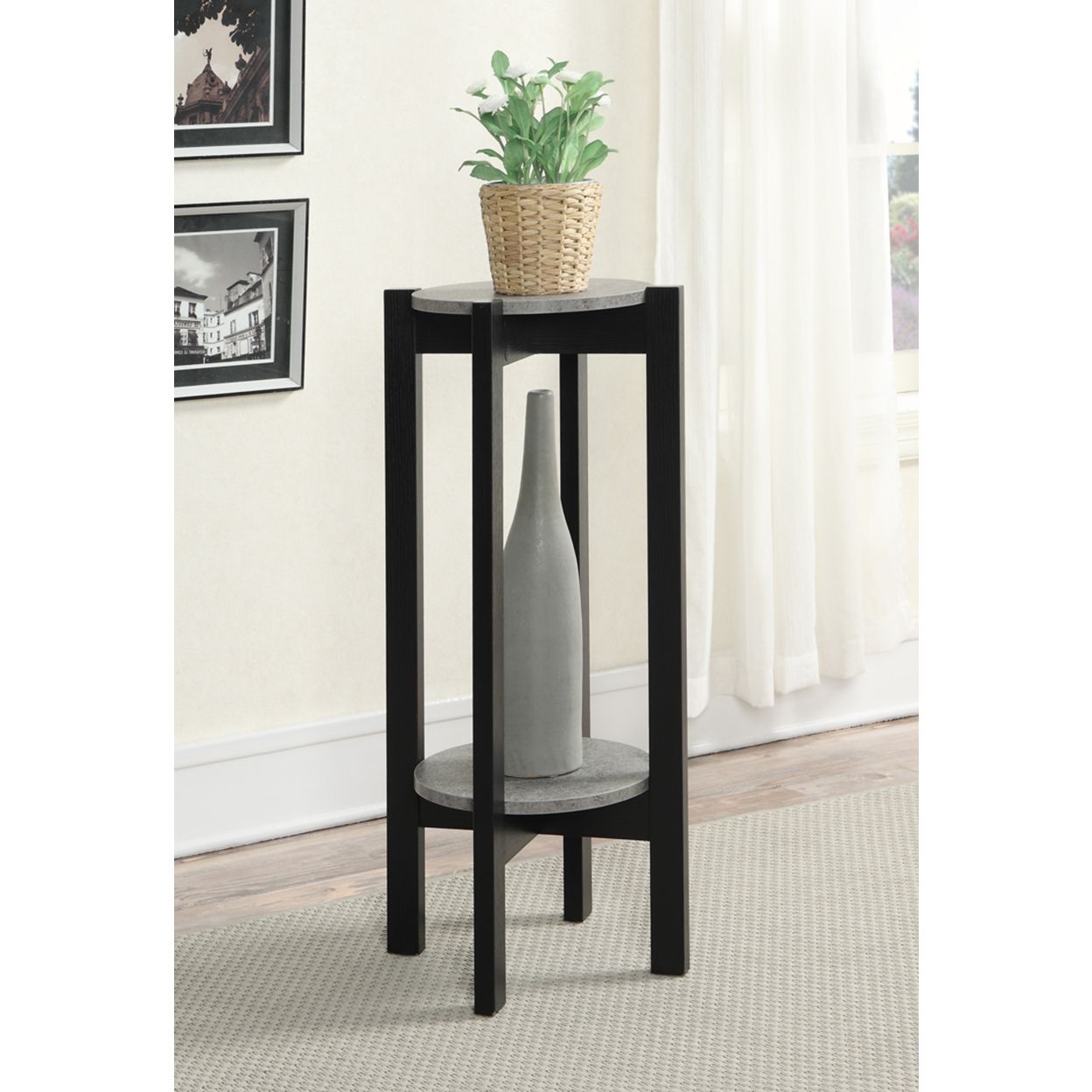 Deluxe Plant Stands Throughout Most Up To Date Newport Deluxe 2 Tier Plant Stand, Faux Cement/black – Walmart (View 3 of 15)
