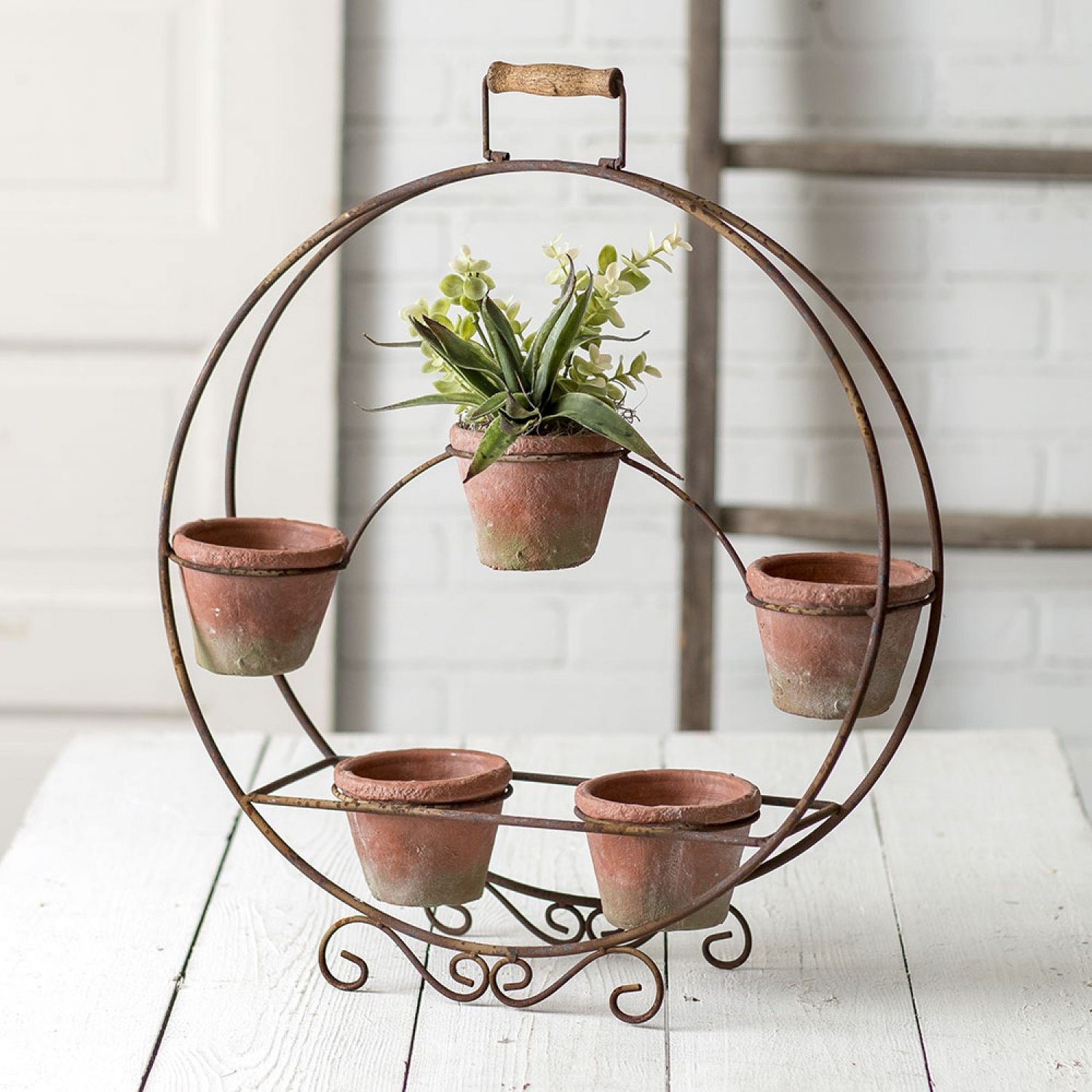 Farmhouse Rustic Round Plant Stand With Terra Cotta Pots Within Most Recent Round Plant Stands (View 14 of 15)