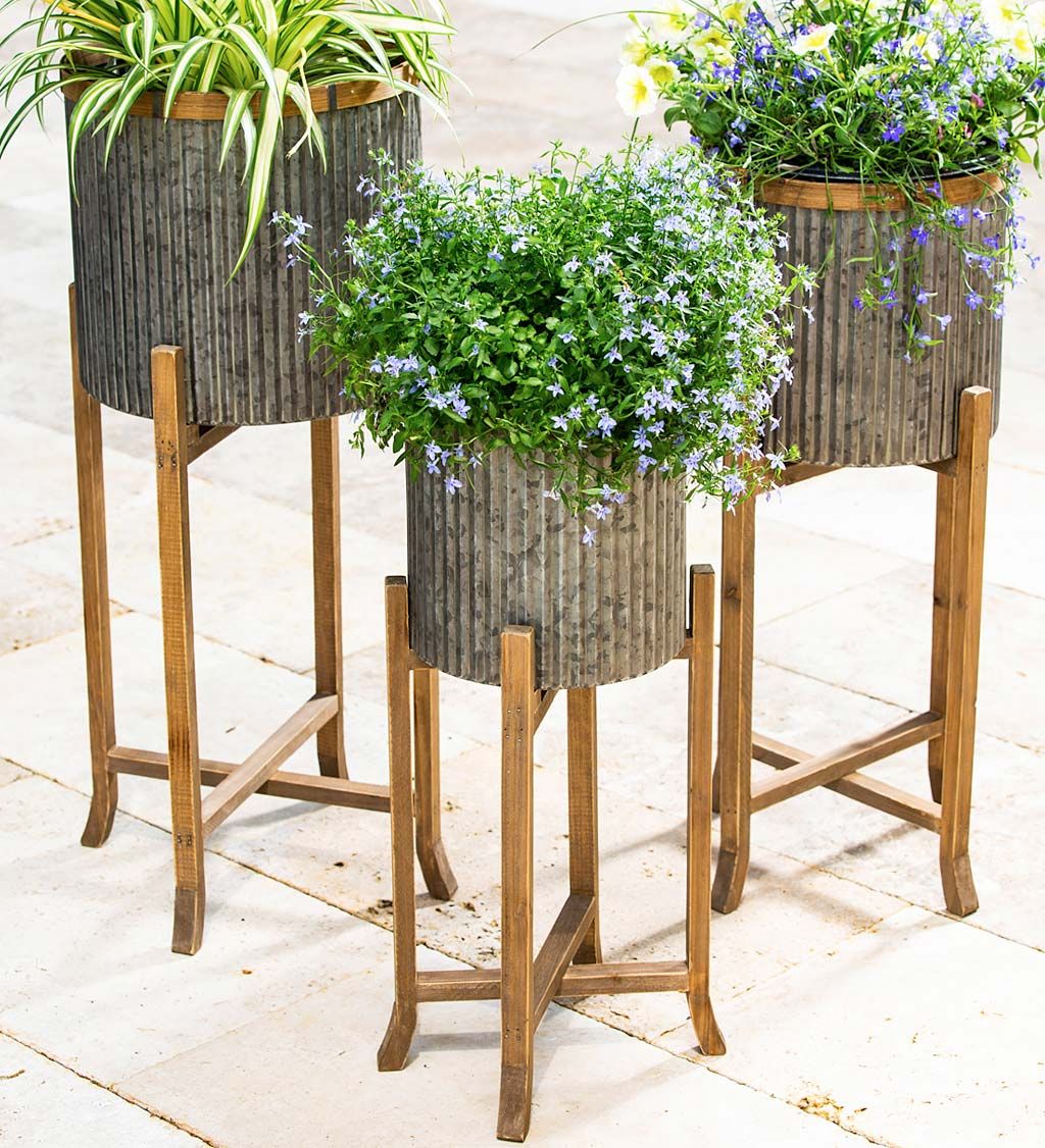 Galvanized Plant Stands Within Most Recent Corrugated Galvanized Metal Planter With Wooden Stand, Set Of  (View 4 of 15)