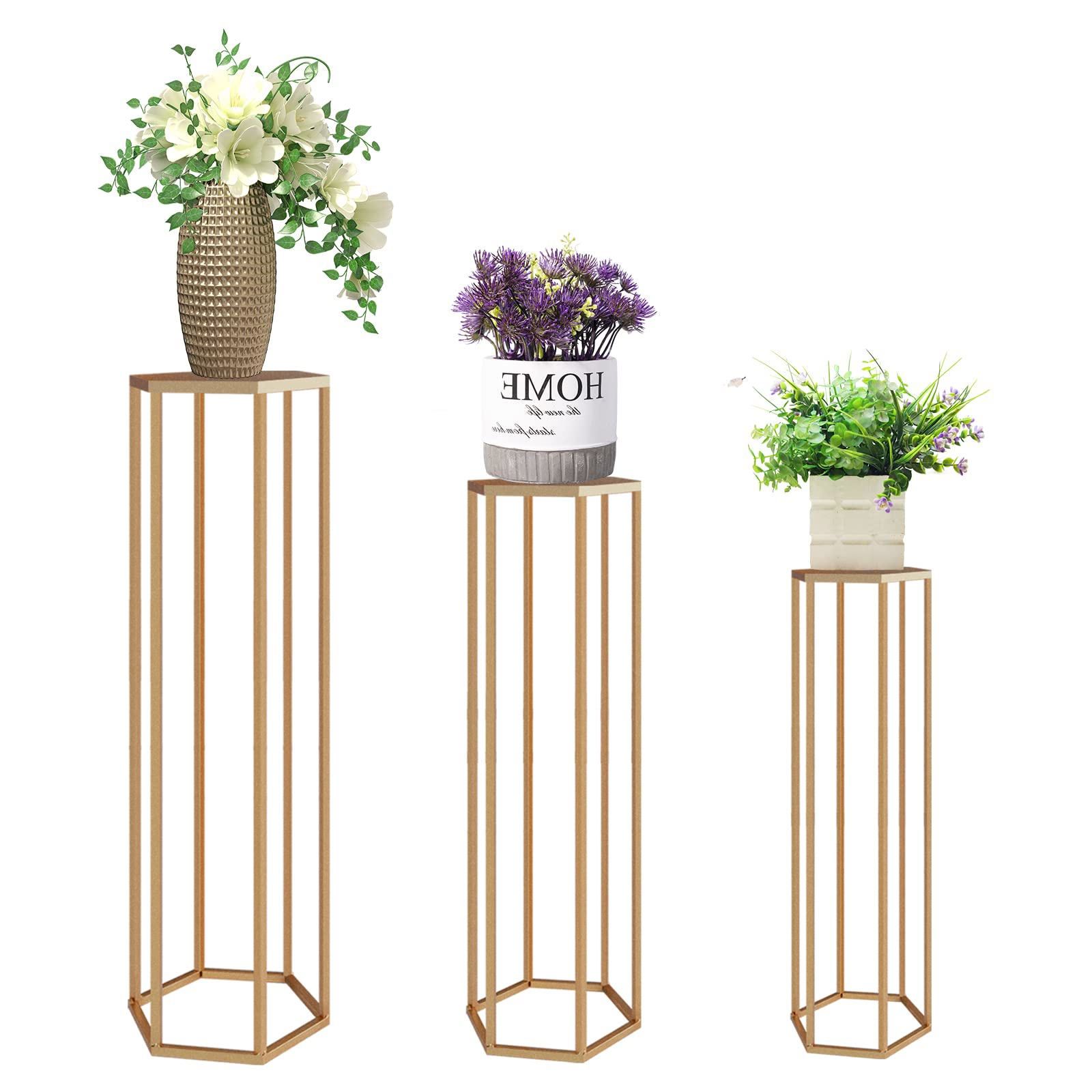 Hexagon Plant Stands With Recent Mxfurhawa Plant Stand Set Of 3 Hexagon Metal Plant Shelf For Indoor And  Outdoor, Gold – Walmart (View 7 of 15)