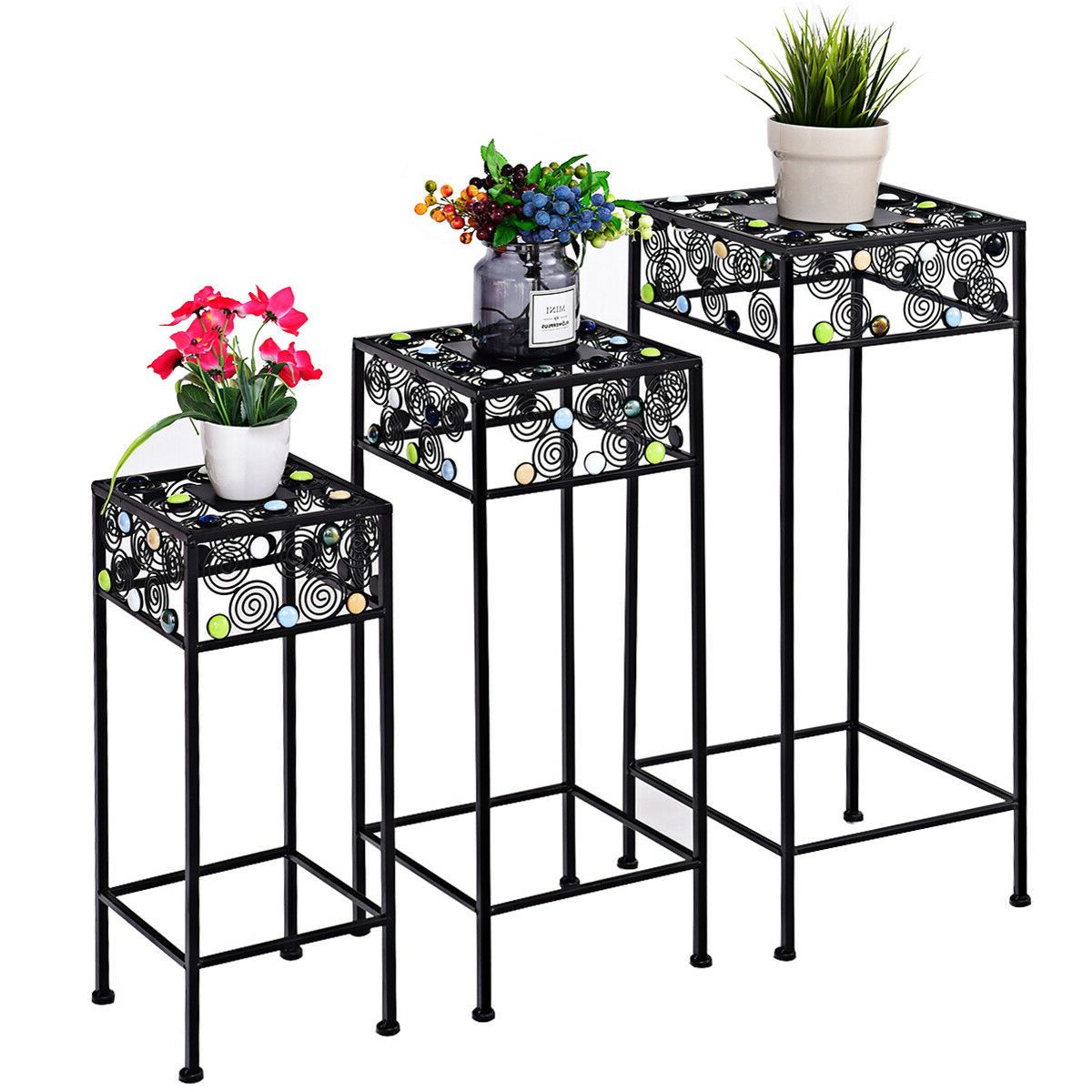 Ironwork Pot Plant Stand With Ceramic Beads Decor, A Set Of 3 Different  Sizes – Walmart In Trendy Iron Square Plant Stands (View 13 of 15)