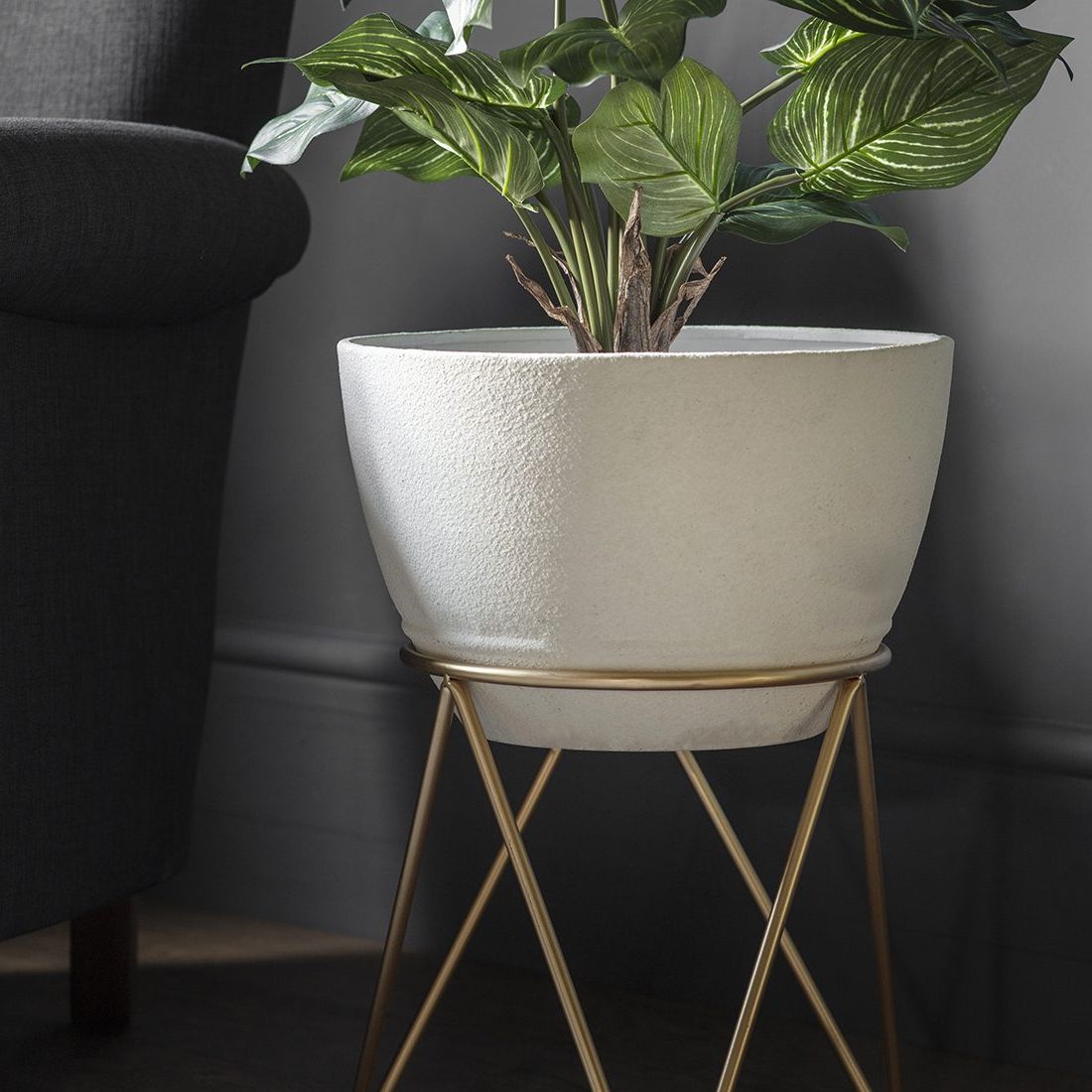 Ivory Plant Stands Throughout Current Set Of Two Ivory Planters With Gold Geometric Stand – Primrose & Plum (View 1 of 15)