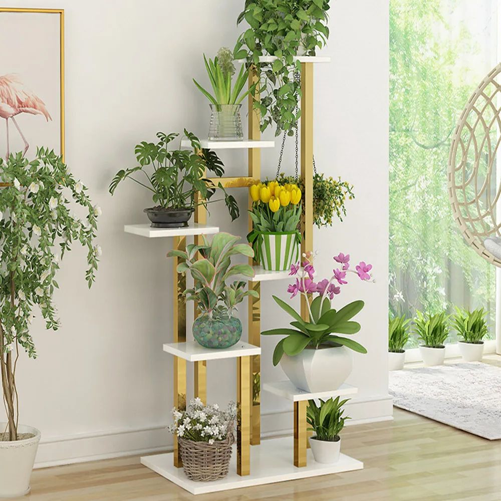 Popular 1200mm Modern Ladder 7 Tiered Plant Stand In Gold & White Homary Throughout White Plant Stands (View 12 of 15)