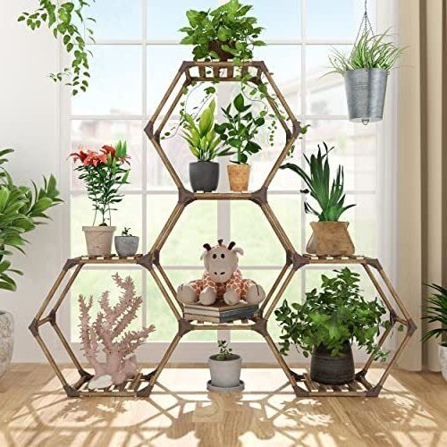Preferred Hexagon Plant Stands Pertaining To Hexagonal Plant Stand Indoor, Outdoor Wood Plants Shelf, 7 7 Tiers Hexagon (View 1 of 15)