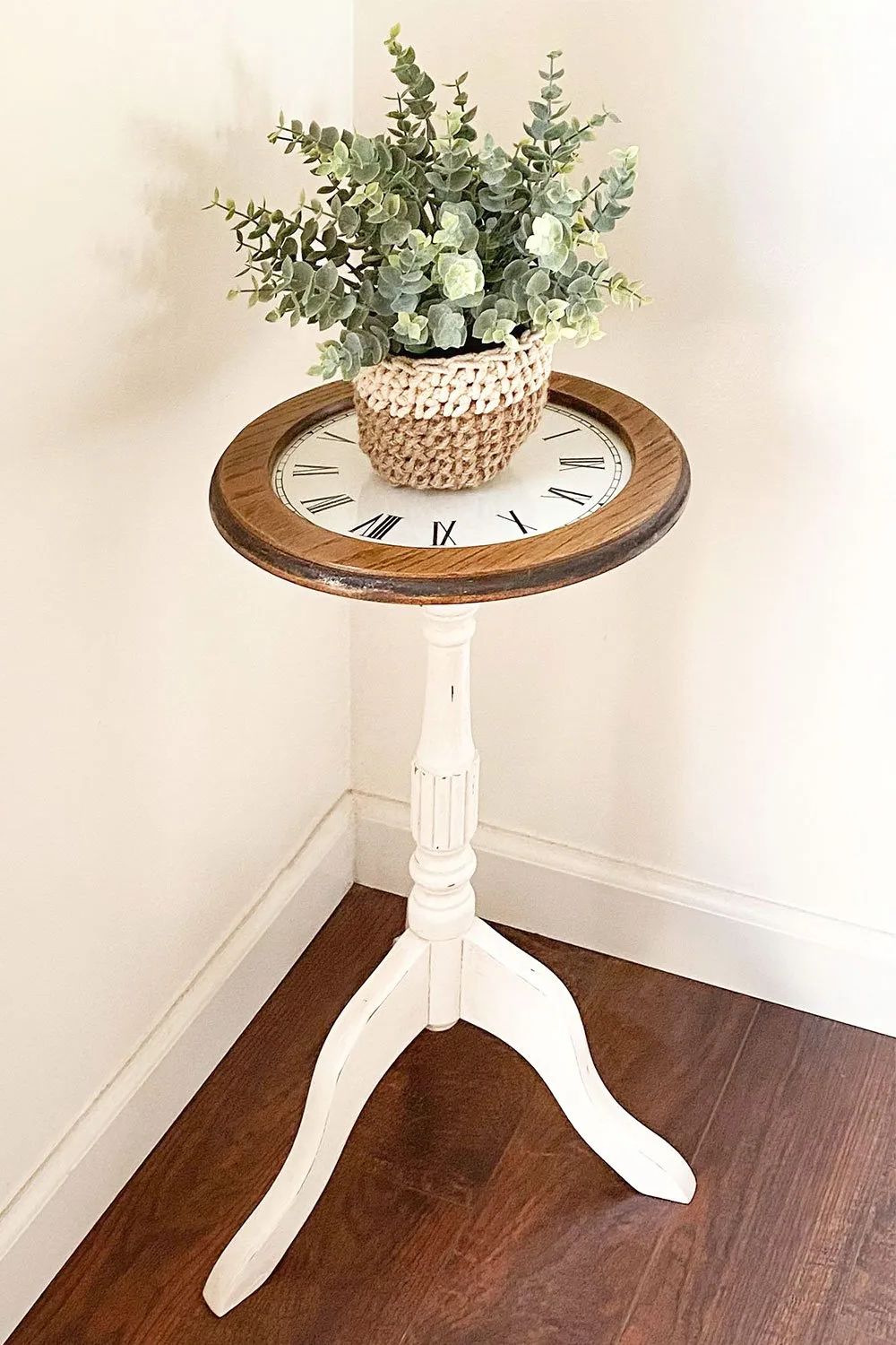 Refinished Wood Plant Stand With A Diy Vinyl Clock Tabletop – Inside Favorite Painted Wood Plant Stands (View 2 of 15)