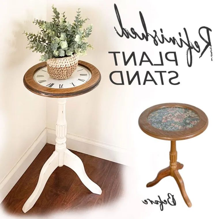 Refinished Wood Plant Stand With A Diy Vinyl Clock Tabletop – Throughout Popular Painted Wood Plant Stands (View 13 of 15)