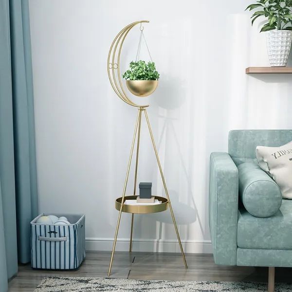 Well Liked Plant Stands With Side Table Within Half Moon Plant Stand With Shelf In Gold Modern End Table Homary (View 4 of 15)